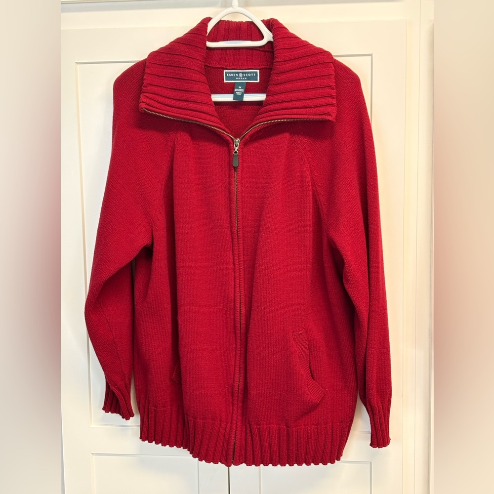 Karen Scott woman’s zip cardigan, Dk Red 1X